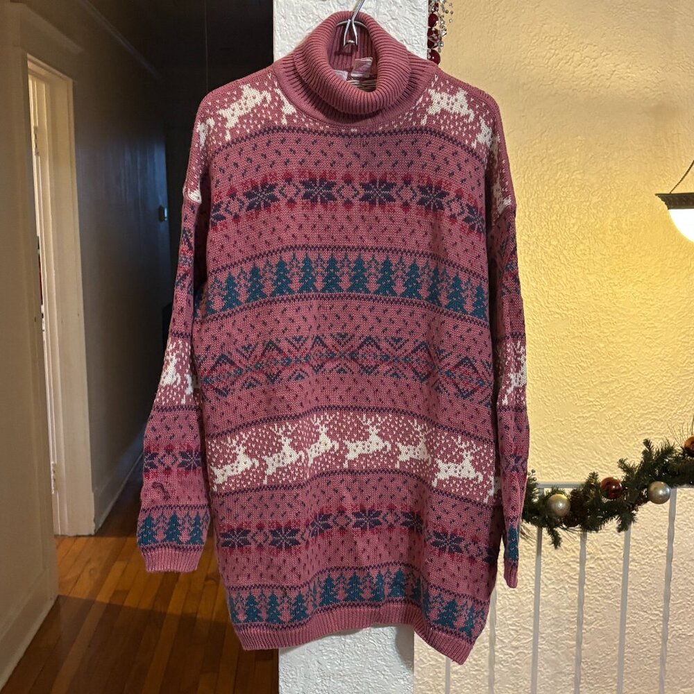 Vintage Pink Reindeer Fair Isle Turtleneck Sweater XL